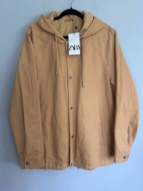 Zara Hooded Snap Jacket S NWT Cotton Utility Coat Minimalist Streetwear Tan
